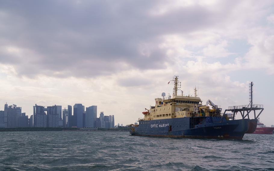A subsea cable repair ship off the coast of Singapore.