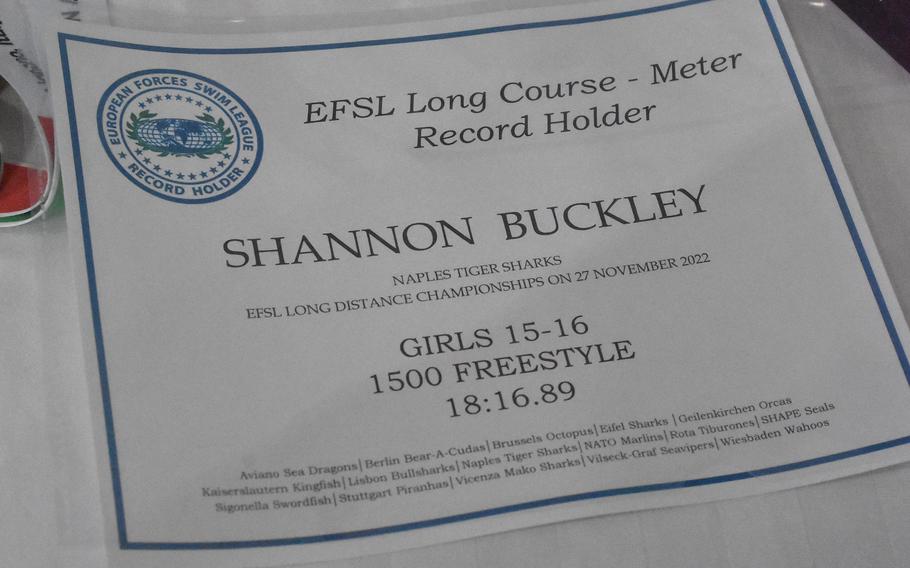 Shannon Buckley received two certificates for setting records at the European Forces Swim League Long Distance Championships in Lignano Sabbiadoro, Italy. Kaiserslautern's Jacob Furqueron did her one better after setting three records. 
