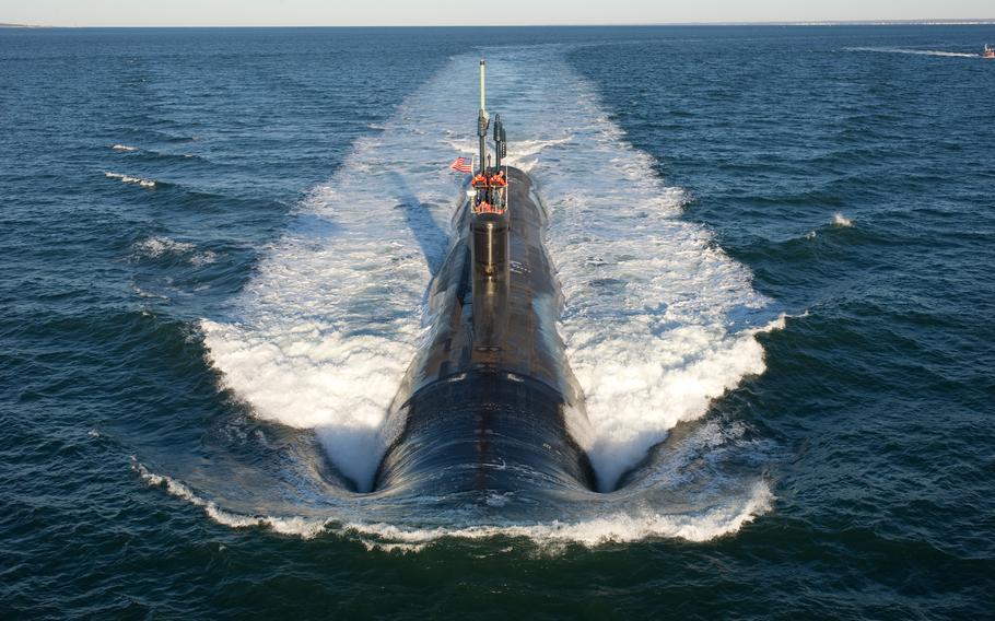 The Virginia-class attack submarine Pre-Commissioning Unit Mississippi (SSN 782) conducts alpha trials in the Atlantic Ocean.