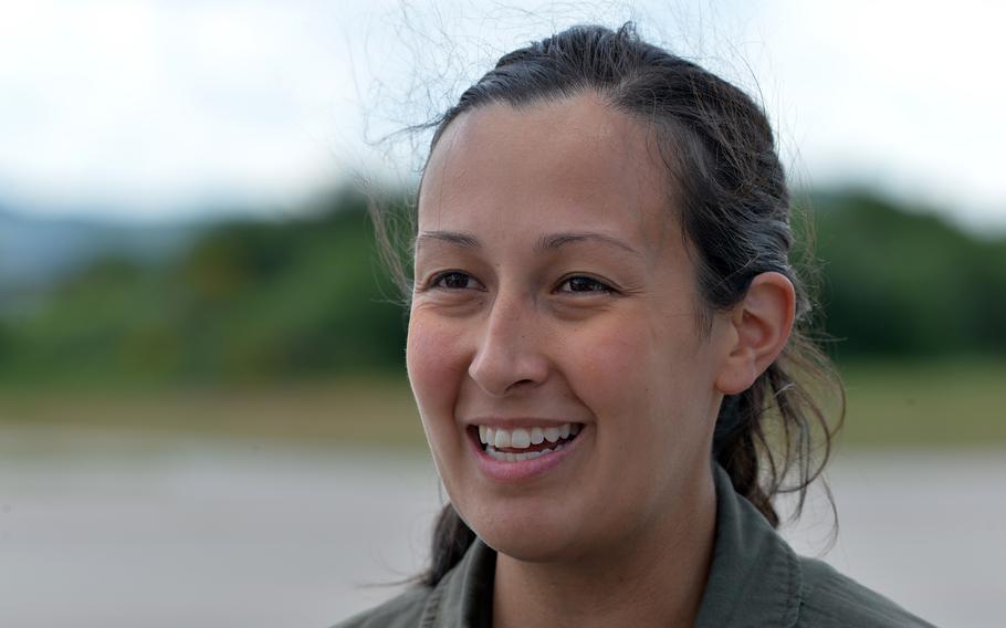 Capt Mandy Olguin, a C-130J pilot, talks about the mission she flew May 25, 2022, to mark the 80th anniversary of the Germany-based 37th Airlift Squadron.