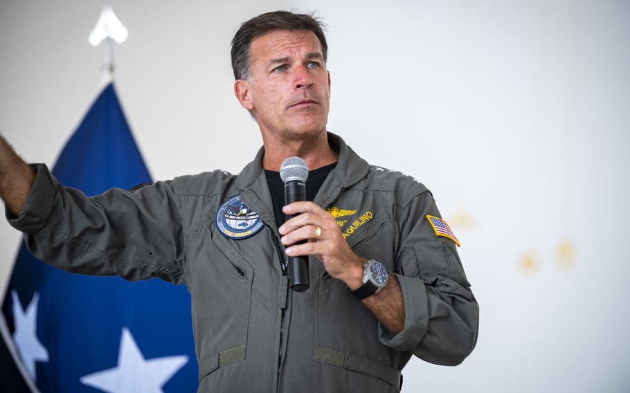 Adm. John Aquilino, commander of U.S. Indo-Pacific Command, speaks to Airmen at Andersen Air Force Base on Feb. 24, 2022.