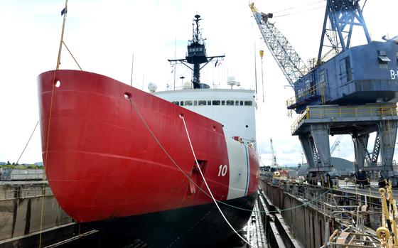 U.S. Coast Guard Cutter Polar Star sits on blocks in a Vallejo, Calif., dry dock facility in April 2018. A Coast Guardsman’s 2019 conviction connected to drawing a penis on the forehead of a colleague in a photo and sharing it was upheld by the military’s highest court this week. 