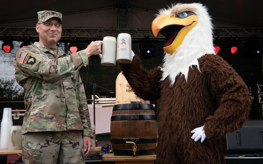Wiesbaden garrison commander Col. David Mayfield toasts the opening of the German-American Friendship Festival at the Hainerberg housing area, June 29, 2023.