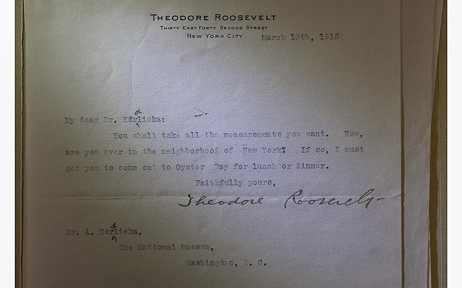 Ales Hrdlicka corresponded with Presidents Theodore Roosevelt and Franklin D. Roosevelt from his Smithsonian post. Letters showed both knew of his theories on war and immigration. 