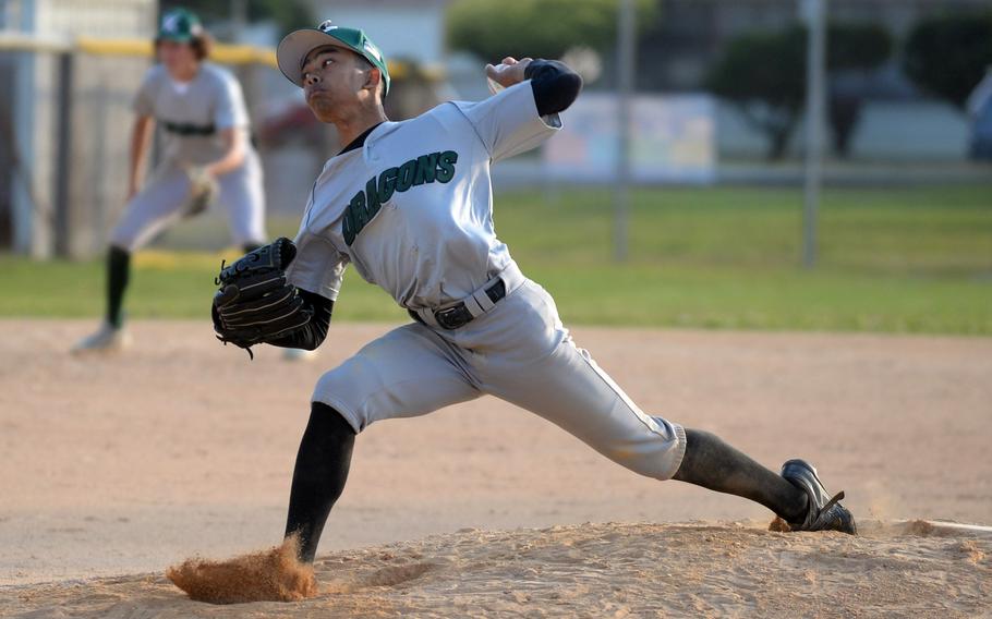 Kubasaki junior left-hander Luka Koja delivers against Kadena during Monday's DODEA-Okinawa baseball game. The Dragons won 16-0. Koja pitched a five-inning complete game, allowing one hit and a walk and striking out 10.