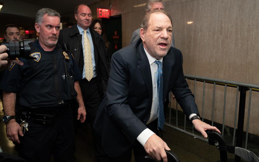 Harvey Weinstein arrives at Manhattan Criminal Court Feb. 24, 2020, in Manhattan, New York. Rose McGowan’s fraud claims against Weinstein, his lawyers, and a spy agency survived a round of dismissal motions in federal court this week. 