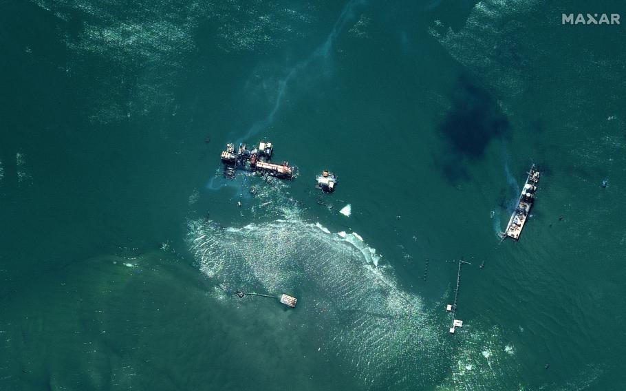 A satellite image shows a view of oil slicks in the Gulf of Mexico at East Timbalier Island National Wildlife Refuge in Louisiana, in the aftermath of Hurricane Ida, on Sept. 4, 2021.