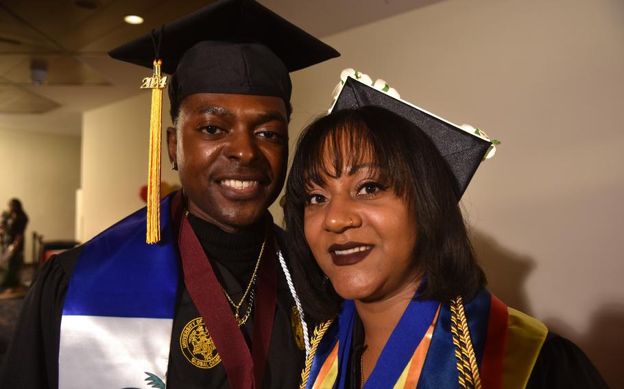 Chief Warrant Officer 3 Kerly LaBranche and his wife, Kayla LaBranche, both earned bachelor’s degrees from the University of Maryland Global Campus Europe, which held spring commencement at Ramstein Air Base, Germany, on Saturday, April 27, 2024.