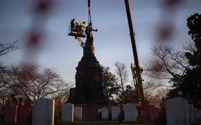 Work continues on the removal of the Confederate Memorial in Section 16 of Arlington National Cemetery, Arlington, Va., Dec. 20, 2023. (U.S. Army photo by Elizabeth Fraser / Arlington National Cemetery / released)