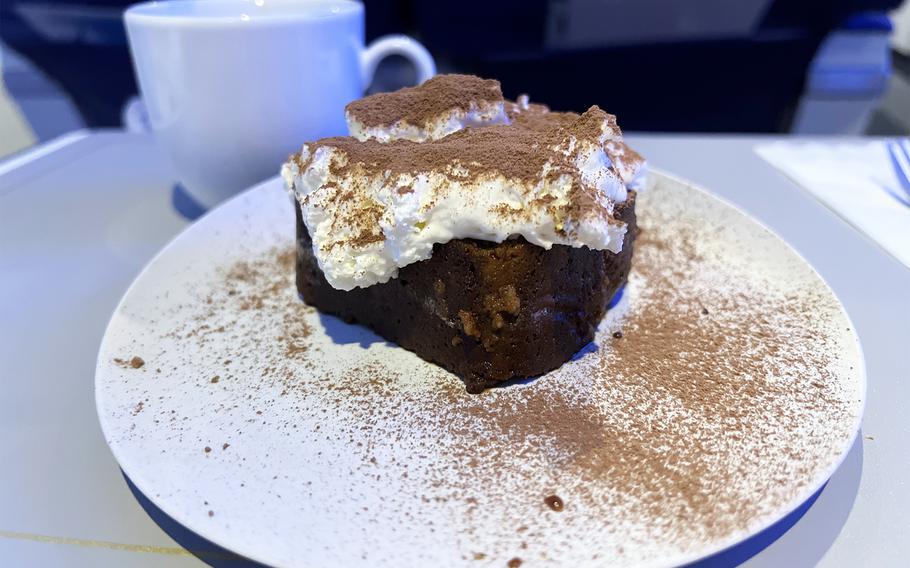Tiramisu cake and a coffee from First Airlines, a virtual-reality restaurant in Tokyo. 