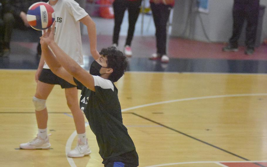 Naples' Alex Suszko pushes the ball towrad the net Friday, Oct. 15, 2021,  in the Wildcats' game agaisnt the Aviano Saints.