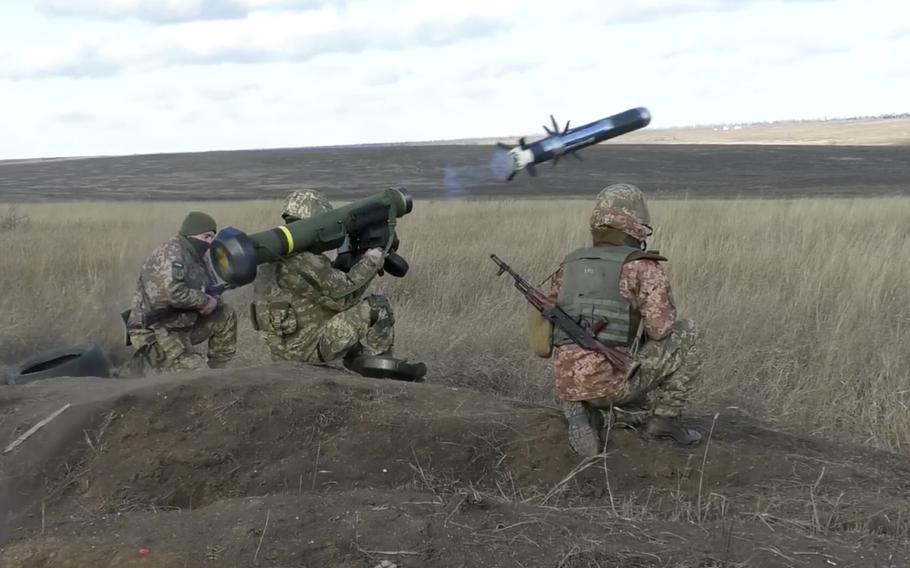 Ukrainian soldiers use a launcher with U.S. Javelin missiles during military exercises in Donetsk region, Ukraine, Jan. 12, 2022. 