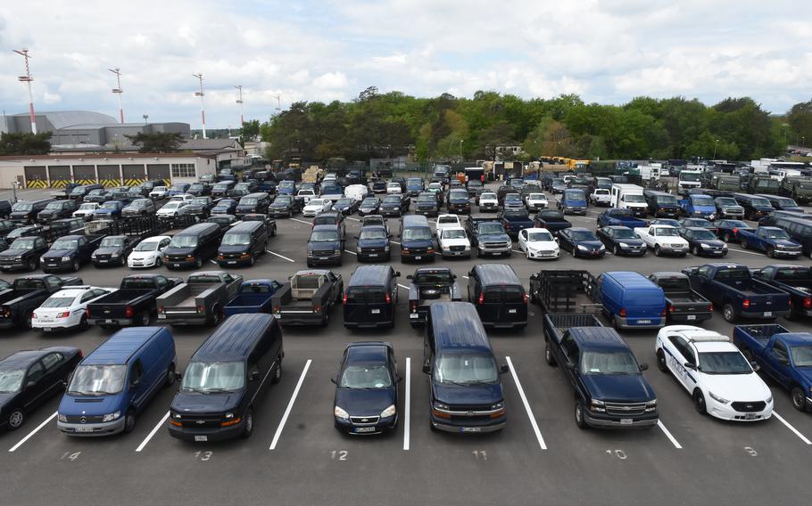 Hundreds of government vehicles are parked at Ramstein Air Base, Germany, May 20, 2021, with no return to service date, after the base lost funds for vehicle maintenance for the rest of the fiscal year.