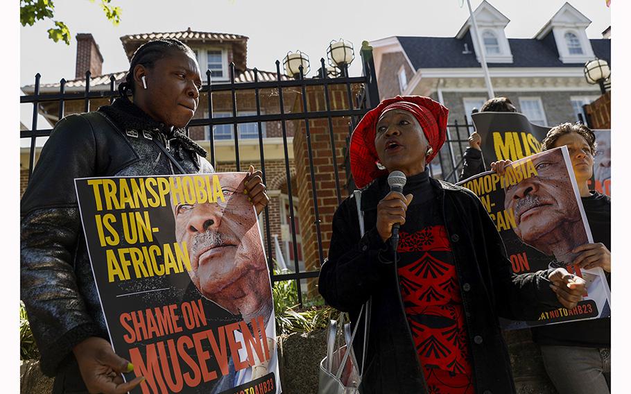 Emira Woods, an activist with the group Africans Rising for Justice Peace and Dignity, speaks during a protest outside the Ugandan Embassy over Uganda’s parliamentary Anti-Homosexuality Bill, 2023 on April 25, 2023, in Washington, D.C. 