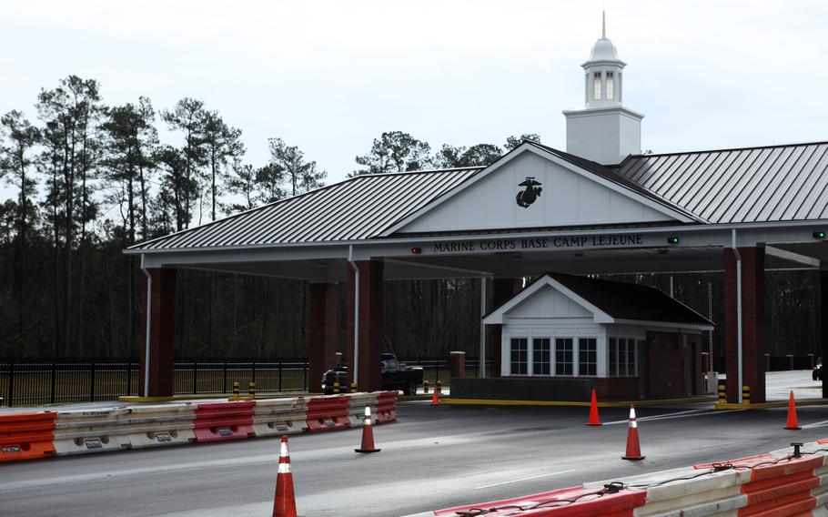 The  Marine Corps Base Camp Lejeune Main Gate Access Control Complex is shown on January 24, 2012. In the early 1980s, the Marine Corps discovered Camp Lejeune had two water wells contaminated with cleaning solvents such as trichloroethylene, or TCE, and perchloroethylene, widely known as PCE. The latter was used by an off-base dry cleaner, ABC One-Hour Cleaners. The business closed down in 2011, according to the U.S. Environmental Protection Agency.