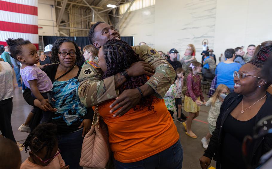 A member of Task Force Tomahawk reunites with family during a welcome home ceremony at Will Rogers Air National Guard Base in Oklahoma City, Saturday, Feb. 24, 2024. 