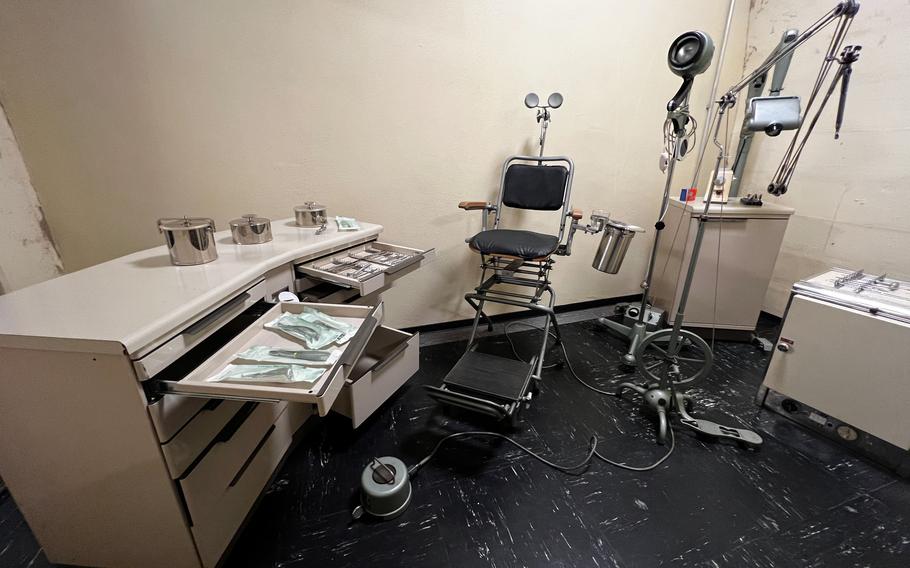 Dental equipment at the former German government bunker in Bad Neuenahr-Ahrweiler, Germany, Feb. 13, 2022. In the case of a power outage, the tools include a foot-powered drill.