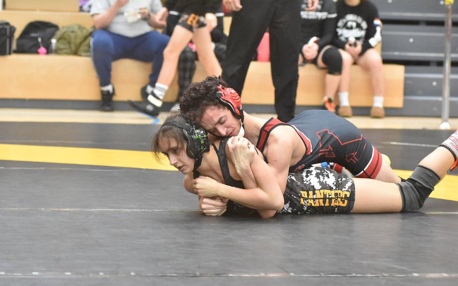 Kaiserslautern’s Jaden Calixto defeated Stuttgart’s Karmyn Lopez 12-1 in the semifinals of the DODEA European Wrestlling Championships on Saturday, Feb. 10, 2024, in Wiesbaden, Germany.