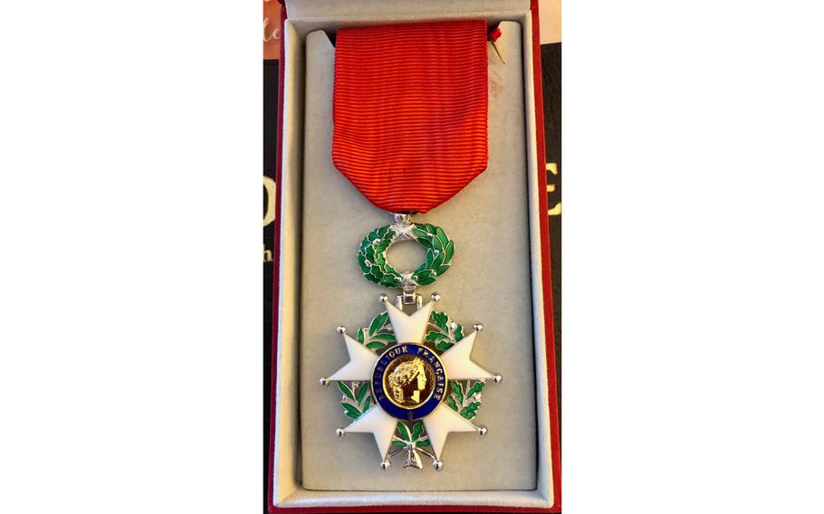 The Chevalier de la Légion d’Honneur (Knight of the Legion of Honor) medal given to Earl Mills, 100, of Live Oak, Fla., who in 1944 parachuted into Normandy, France, on D-Day.