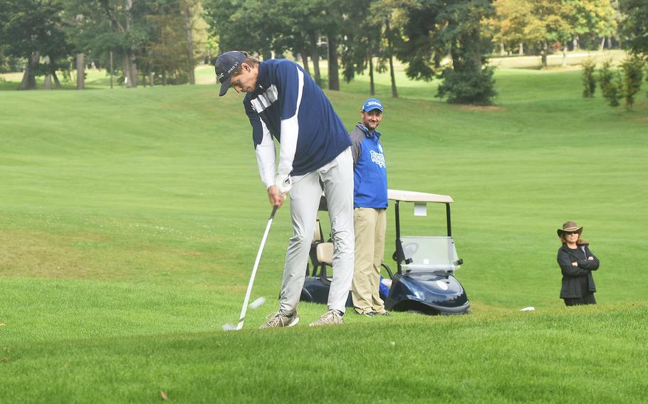 Sigonella’s Marcus Romundset hits a ball during the DODEA-Europe golf championships held at Wiesbaden’s Rheinblick Golf Course on Thursday, Oct. 7, 2021. 