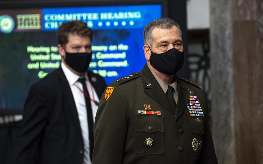 Gen. James H. Dickinson, commander U.S. Space Command arrives for the Senate Armed Services Committee in Washington, D.C. April 20, 2021.