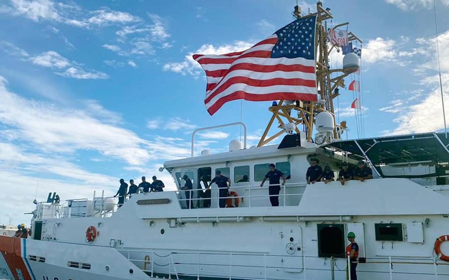 The new Coast Guard cutter Frederick Hatch arrives at its homeport in Apra Harbor, Guam, Tuesday, June 29, 2021. 