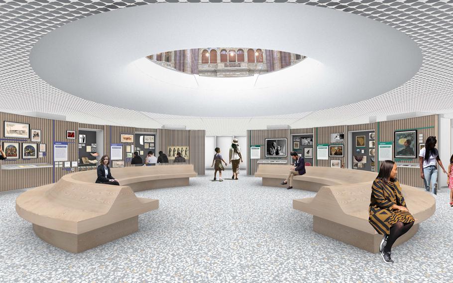 A rendering of planned orientation gallery seating and oculus at the Library of Congress.