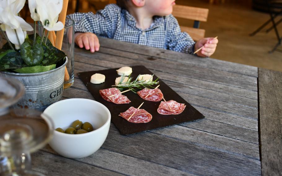 The cheese and wine tour platter inside the tasting area at Giffords Hall Vineyard in Bury St. Edmunds, England, on Oct. 17, 2023. After a tour through the vineyard, guests finish up here. 