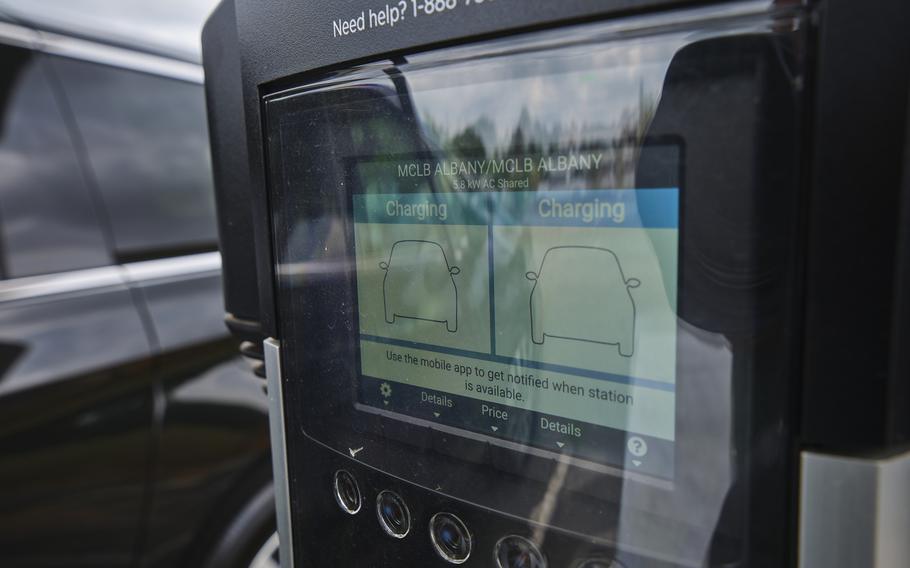 A Charge Point station provides the battery status of the vehicles docked at the solar charging station.