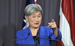 Australia's Foreign Minister Penny Wong gestures during a press conference at Parliament House in Canberra, Monday, Aug. 8, 2022. s visit to Taiwan.