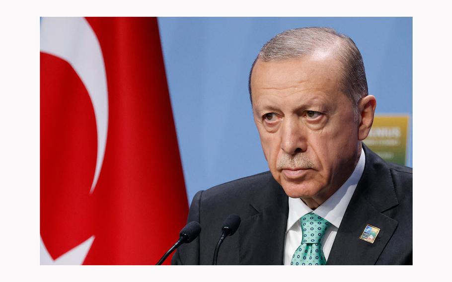 Turkey's President Recep Tayyip Erdogan attends a briefing in Vilnius, Lithuania, on July 12, 2023.