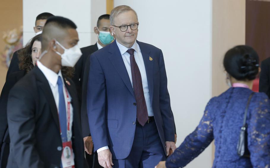 Australian Prime Minister Anthony Albanese, center, arrives to attend the APEC Economic Leaders Meeting during the APEC summit, Friday, Nov. 18, 2022, in Bangkok, Thailand.