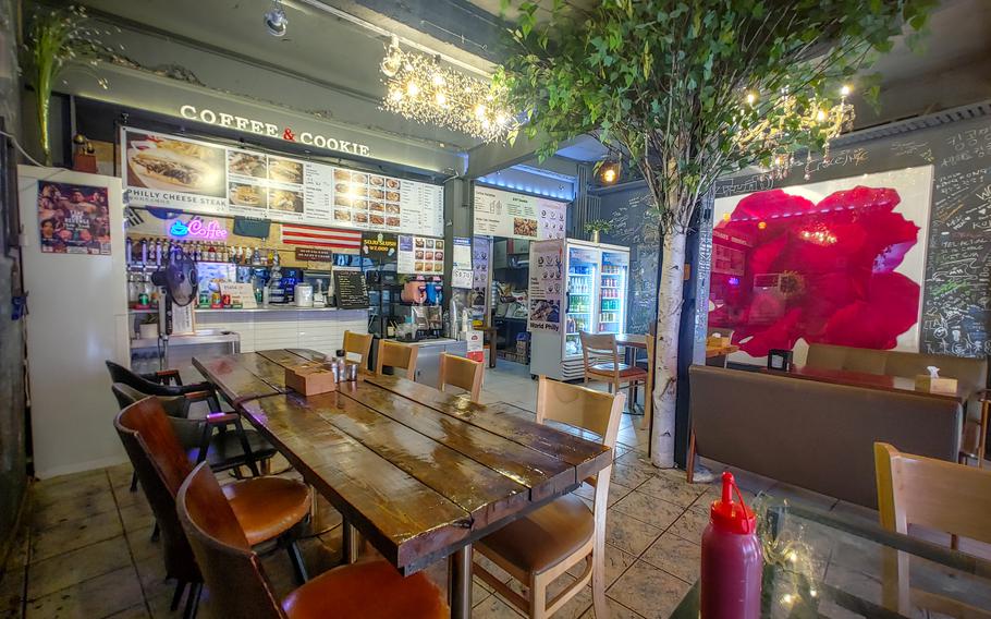 The seating area at World Philly Cheesesteaks in Pyeongtaek, South Korea, is homey and comfortable. 
