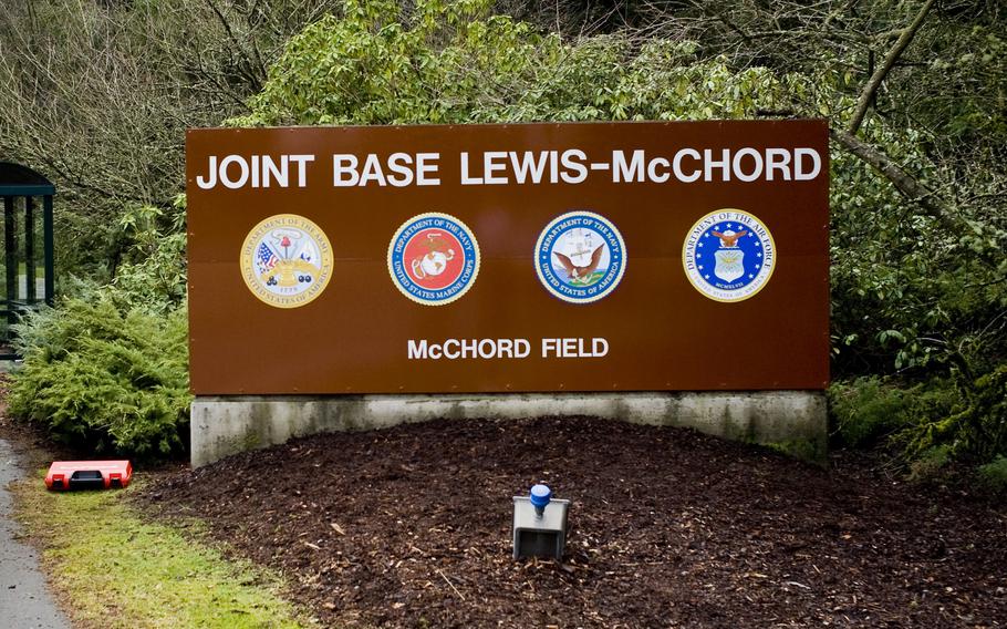 An undated photo of an entrance sign to Joint Base Lewis-McChord.