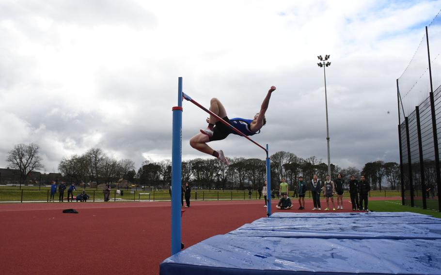 Brussels' William Pierce clears the high jump at 5 feet, 7 inches on Saturday, March 18, 2023 at RAF Lakenheath High School. Pierce took first place in both the high jump and the long jump for the Brigands during the 2023 track season opener. 