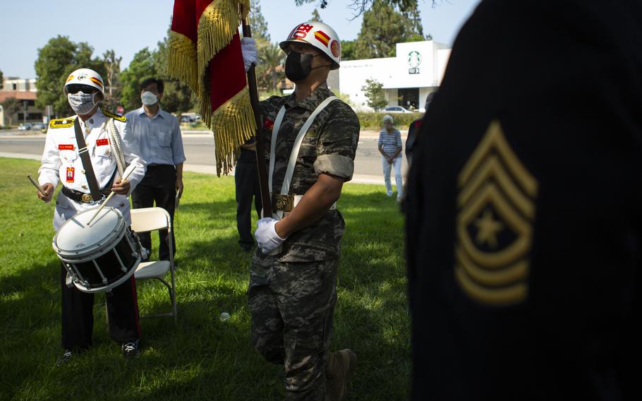 Colors are presented by members of the Republic of Korea Marine Corps Veterans Association and pass by U.S. Army Sgt. Maj. Joseph Kim, of the 40th Infantry Division, California Army National Guard, on Aug. 14, 2020, during a groundbreaking ceremony for the Korean War Memorial at Hillcrest Park in Fullerton, California. 
