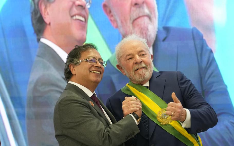 President Luiz Inacio Lula da Silva, right, poses for a picture with Colombia's President Gustavo Petro, at the Planalto Palace, in Brasilia, Brazil, Jan. 1, 2023. Lula met with Petro on Saturday, July 8, 2023, to build momentum for an upcoming summit on the Amazon rainforest and enhance efforts for its protection.