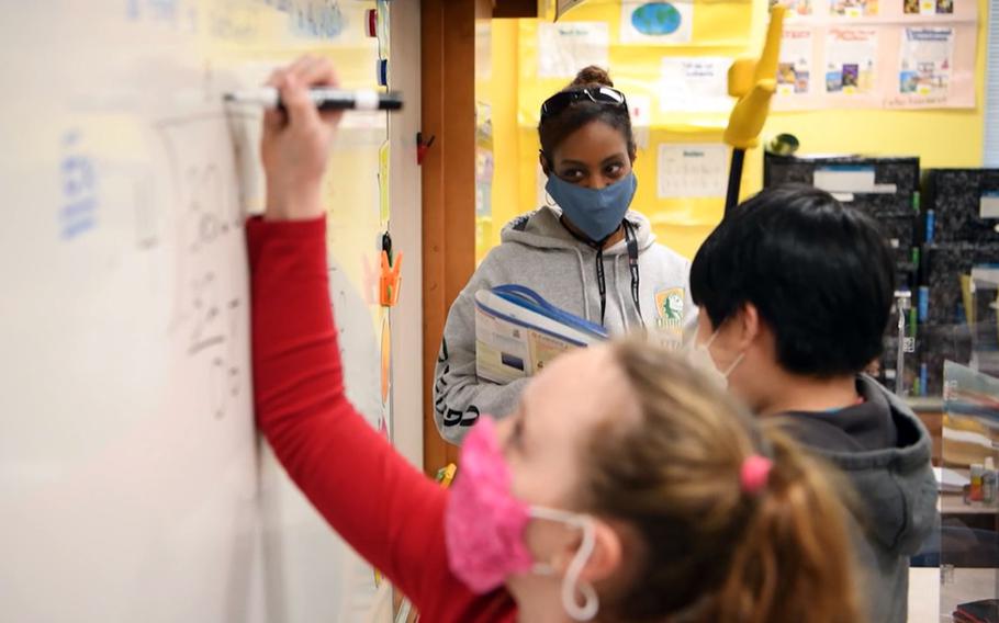 Rachel Guilfoyle teachers her fifth-grade students at Daegu Elementary School on Camp George, South Korea, in February 2021. 