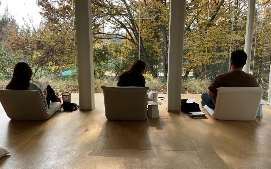 A group of customers enjoy sitting in silence at “Green Lab,” a cafe where people can find refuge from the stresses of daily life in “healing” spaces in Seoul, South Korea, on Nov. 19, 2021. 