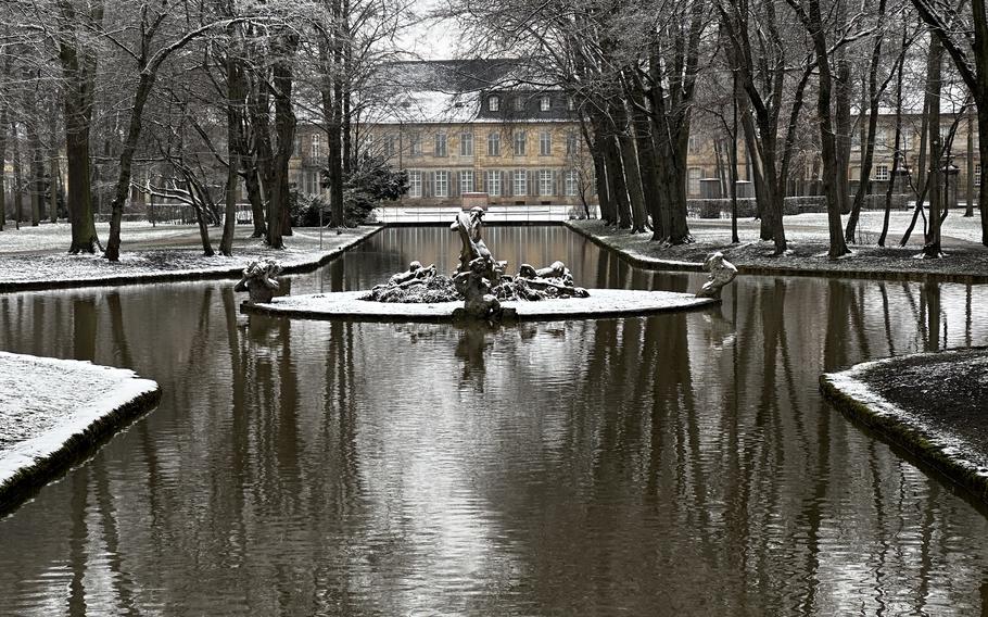 Fountains and statues can be found throughout the Hofgarten of Bayreuth, Germany. The courtyard's construction dates back to the 1600s but its look comes from the 18th century. 