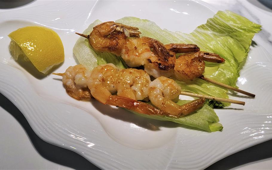 Grilled shrimp skewers from Kashima Sushi. The new Sacile location is about 7 miles from Aviano Air Base in Italy.