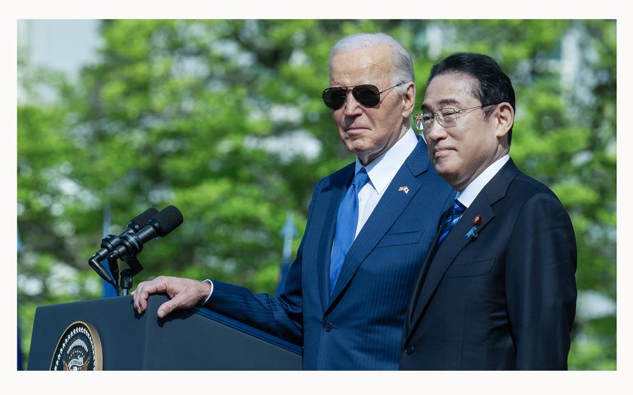 President Joe Biden stands beside Japanese Prime Minister Fumio Kishida on the South Lawn of the White House on April 10, 2024.