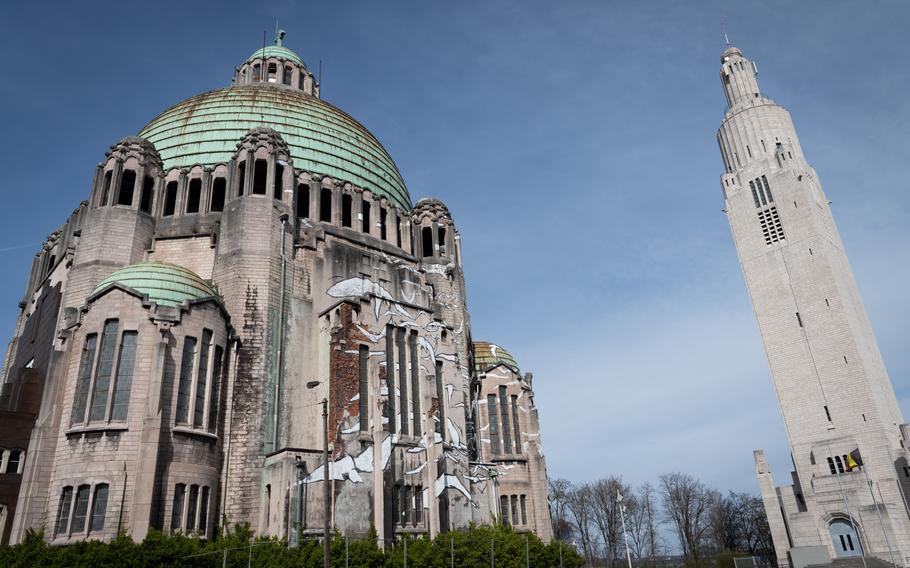 The Interallied Memorial in Liege, Belgium includes the Church of the Sacred Heart and a tower, as seen March 28, 2023. It commemorates the participation of allies in World War I. The church is slated to be converted into an upscale restaurant and climbing facility. 