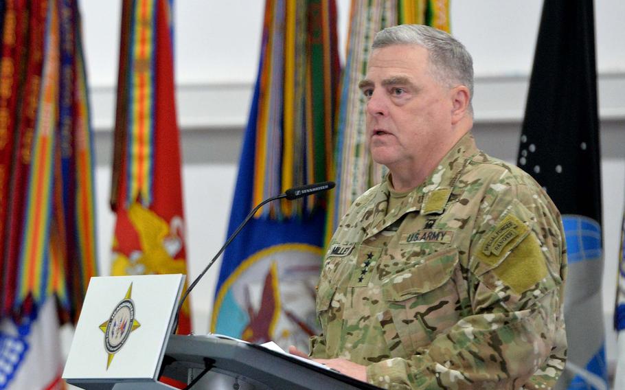 Chairman of the Joint Chiefs of Staff, Gen. Mark Milley, speaks at the U.S. European Command change of command ceremony, in Stuttgart, Germany, July 1, 2022. Army Gen. Christopher Cavoli took command of EUCOM from Air Force Gen. Tod Wolters.