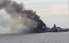 Images posted to social media April 18, 2022, appear to show the Russian missile cruiser Moskva damaged, on fire and leaning after taking on water. The ship later sunk. Ukrainian, U.S. and NATO officials attributed the loss to a Ukrainian missile strike. 