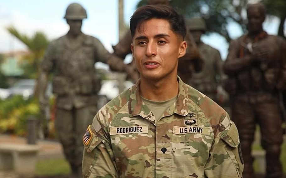 A video screen grab shows Army Spc. Rene Rodriguez at Schofield Barracks, Hawaii, on July 17, 2023, as the combat medic with 2-35 Infantry Battalion, 3rd Brigade Combat Team, 25th Infantry Division, speaks about being awarded the Soldier’s Medal.