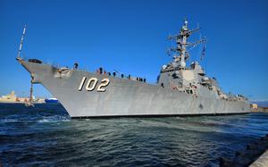 PORT HUENEME, Calif. (Nov. 15, 2024) The Arleigh Burke-class Aegis guided-missile destroyer USS Sampson (DDG 102) conducts a routine port call onboard Naval Base Ventura County (NBVC) Port Hueneme, Nov. 15, 2024. NBVC is major shore warfighting platform; providing sustained ready forces to deploy, fight, and win. Composed of three operating facilities: Point Mugu, Port Hueneme and San Nicolas Island and home of the Pacific Seabees, West Coast E-2D Hawkeyes, 3 warfare centers and 110 tenant commands. (U.S. Navy photo by Electrician's Mate 2nd Class Ace-Addison Tapit)