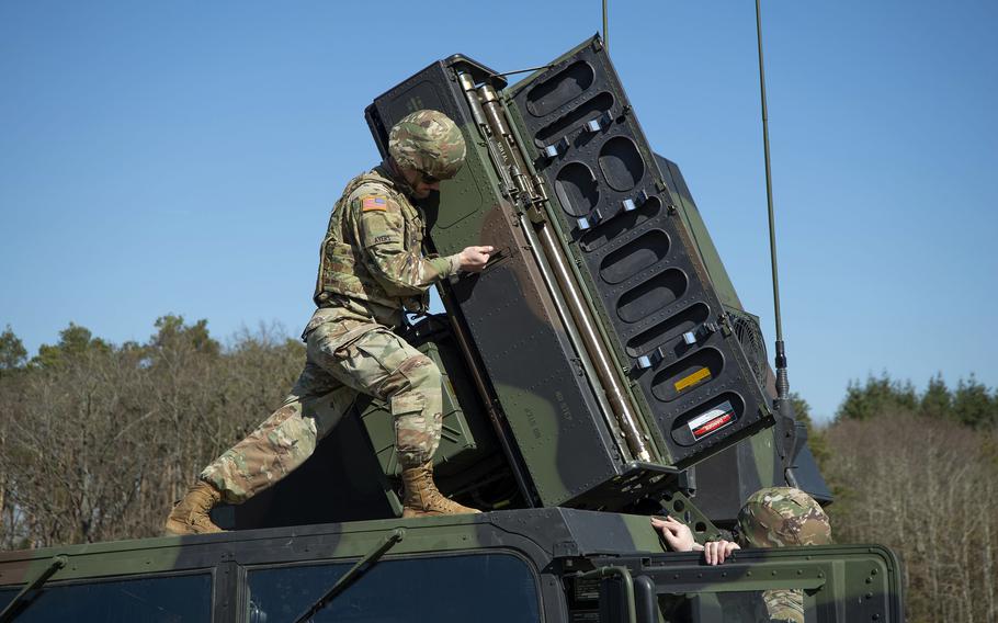 U.S. soldiers conduct Avenger missile reload procedures training at Oberdachstetten Training Area, Ansbach, Germany, in March 2022. The Army garrison in Ansbach is preparing for an influx of 500 new soldiers in connection with the arrival of an air defense and engineering units.