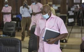 Paul Rusesabagina, who inspired the film "Hotel Rwanda" and is credited with saving more than 1,000 people by sheltering them at the hotel he managed during the genocide, attends a court hearing in Kigali, Rwanda, Friday Feb. 26, 2021.