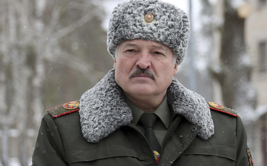 Belarusian President Alexander Lukashenko speaks after inspecting military facilities in Luninets, Belarus, on Jan. 21, 2022. 